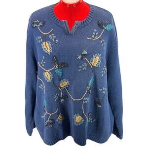 Extra Point Vintage Blue Floral Embroidered Granny Pullover Sweater Women 2XL